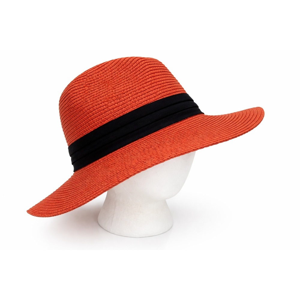 Chic Womens Orange Straw Fedora Hat Medium Black Grosgrain Band Wide Brim Summer